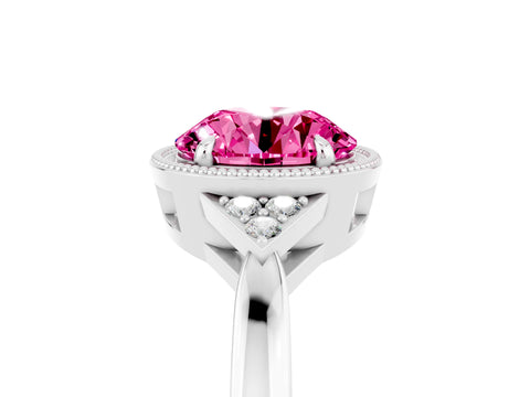 White gold Round Cut Pink Sapphire Halo Ring with Tapered Band and Four-Prong Setting_5