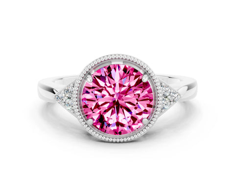 White gold Round Cut Pink Sapphire Halo Ring with Tapered Band and Four-Prong Setting