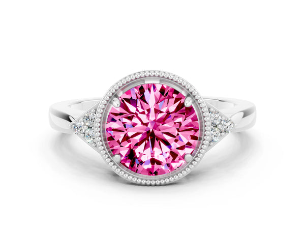 White gold Round Cut Pink Sapphire Halo Ring with Tapered Band and Four-Prong Setting