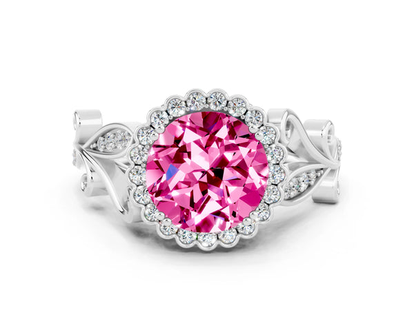 White gold Round Cut Pink Sapphire Halo Ring with Vintage Split Shank and Four-Prong Setting