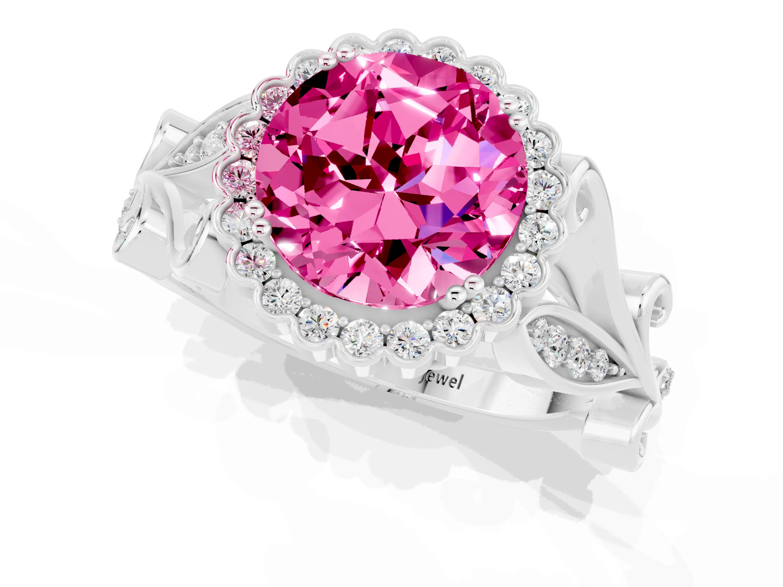White gold Round Cut Pink Sapphire Halo Ring with Vintage Split Shank and Four-Prong Setting_19