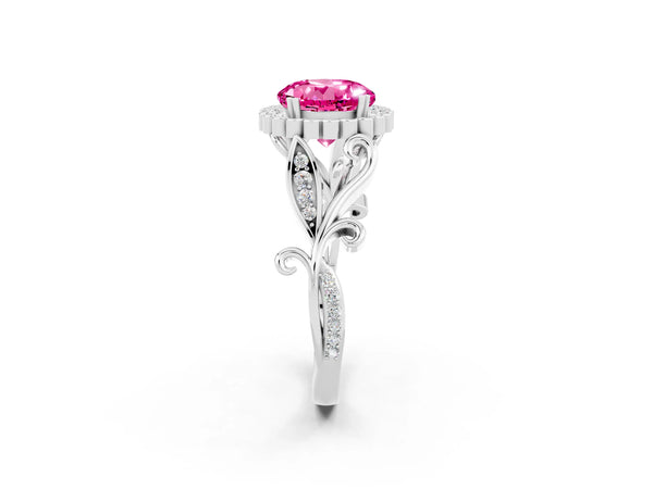 Silver Round Cut Pink Sapphire Halo Ring with Vintage Split Shank and Four-Prong Setting