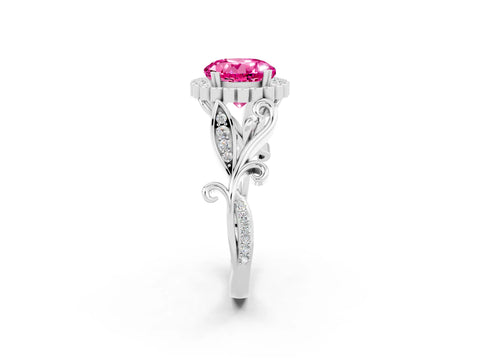 White gold Round Cut Pink Sapphire Halo Ring with Vintage Split Shank and Four-Prong Setting_23