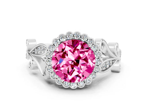 White gold Round Cut Pink Sapphire Halo Ring with Vintage Split Shank and Four-Prong Setting_24