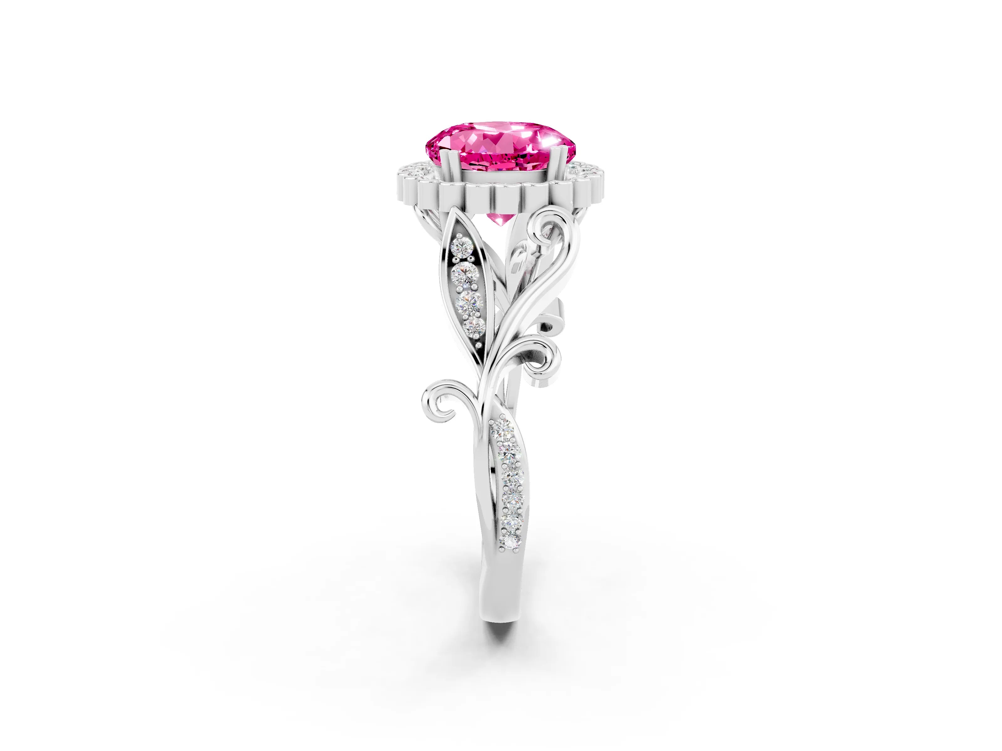 White gold Round Cut Pink Sapphire Halo Ring with Vintage Split Shank and Four-Prong Setting_26