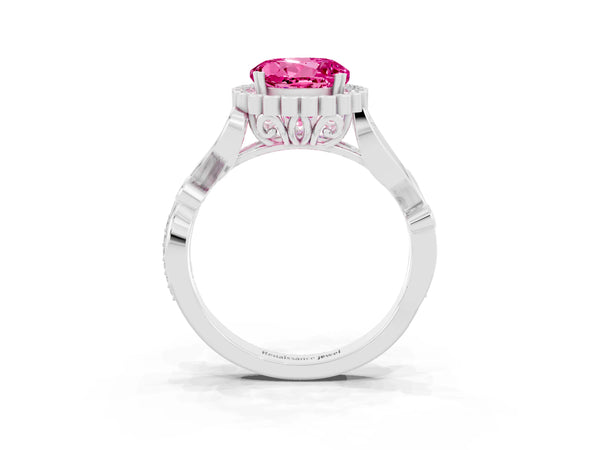 Platinum Round Cut Pink Sapphire Halo Ring with Vintage Split Shank and Four-Prong Setting