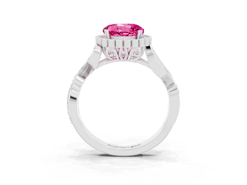 White gold Round Cut Pink Sapphire Halo Ring with Vintage Split Shank and Four-Prong Setting_27