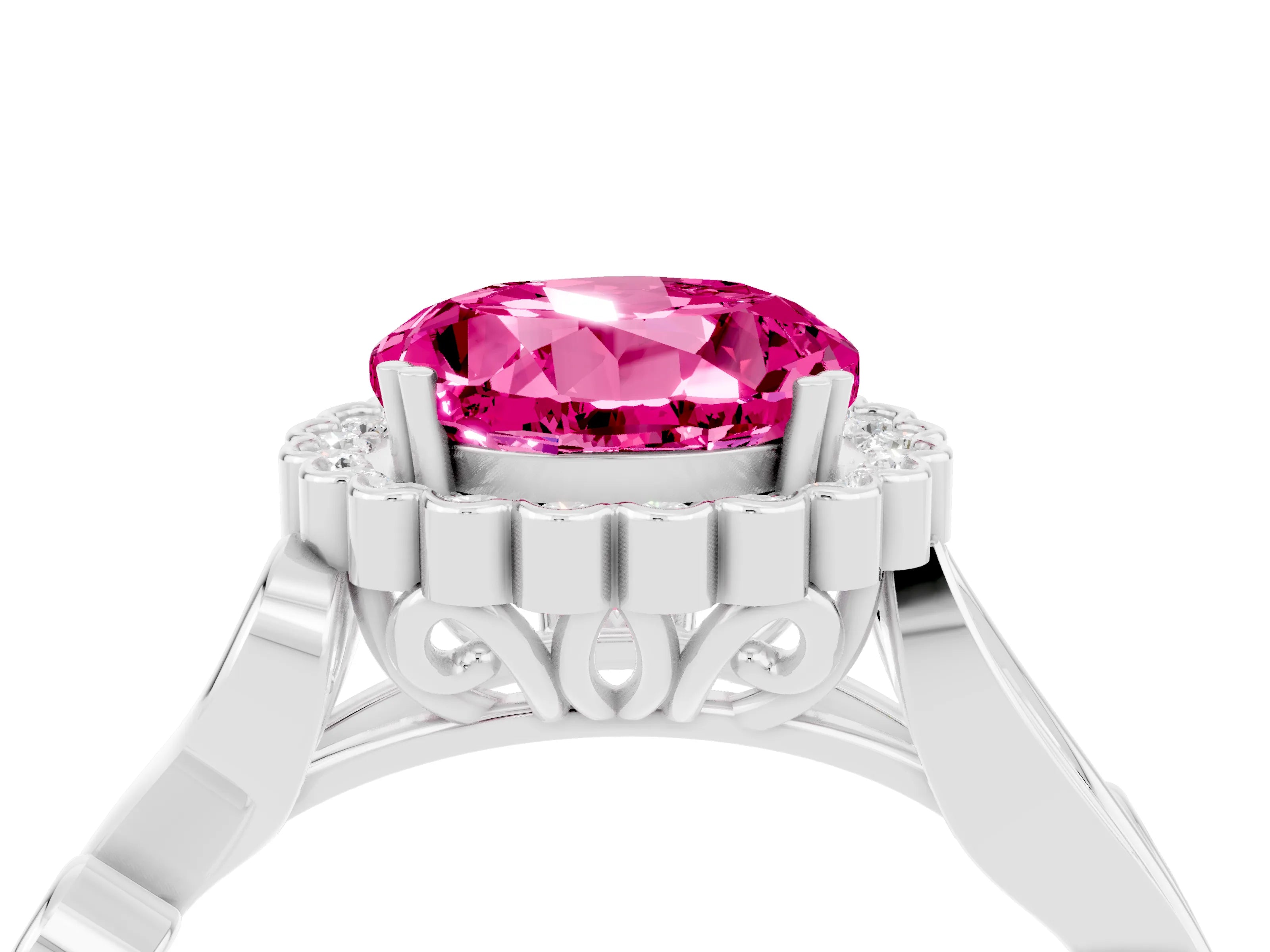 White gold Round Cut Pink Sapphire Halo Ring with Vintage Split Shank and Four-Prong Setting_28