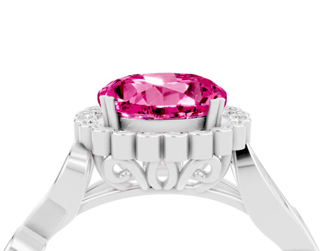 White gold Round Cut Pink Sapphire Halo Ring with Vintage Split Shank and Four-Prong Setting_28
