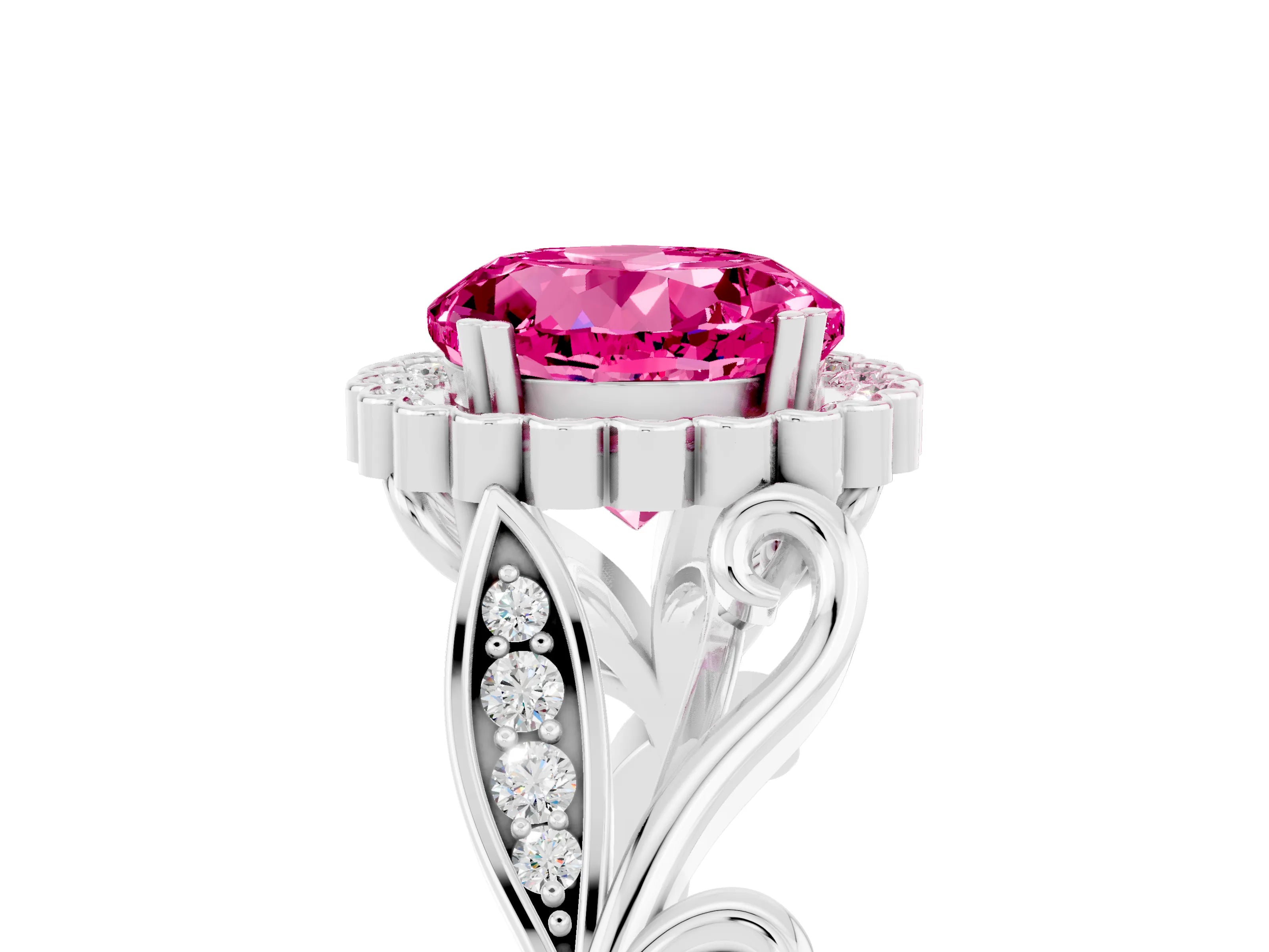 White gold Round Cut Pink Sapphire Halo Ring with Vintage Split Shank and Four-Prong Setting_29