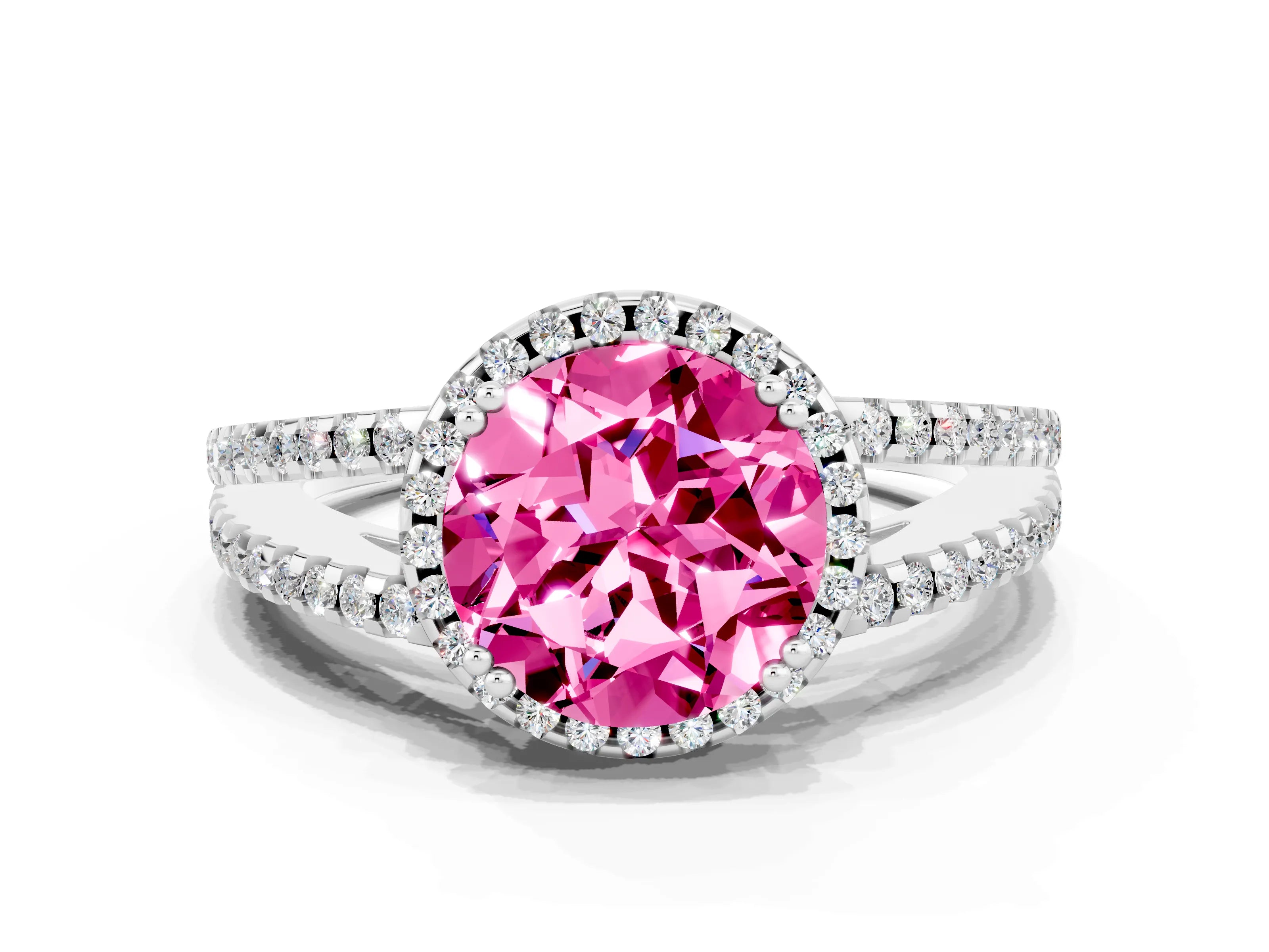 White gold Round Cut Pink Sapphire Halo Split Shank Engagement Ring_30