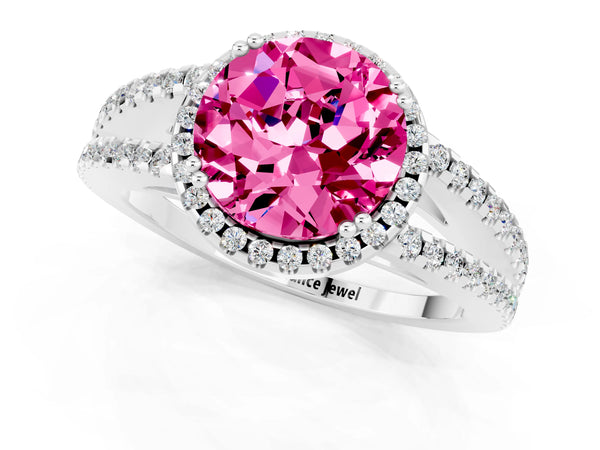 Platinum Round Cut Pink Sapphire Halo Split Shank Engagement Ring