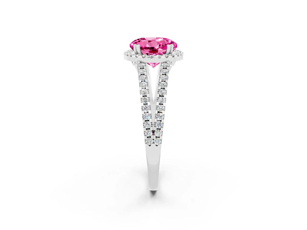 Platinum Round Cut Pink Sapphire Halo Split Shank Engagement Ring