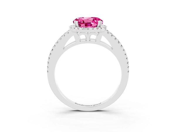 Platinum Round Cut Pink Sapphire Halo Split Shank Engagement Ring