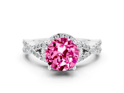 White gold Round Cut Pink Sapphire Halo Twist Band Solitaire Prong Setting Ring_24