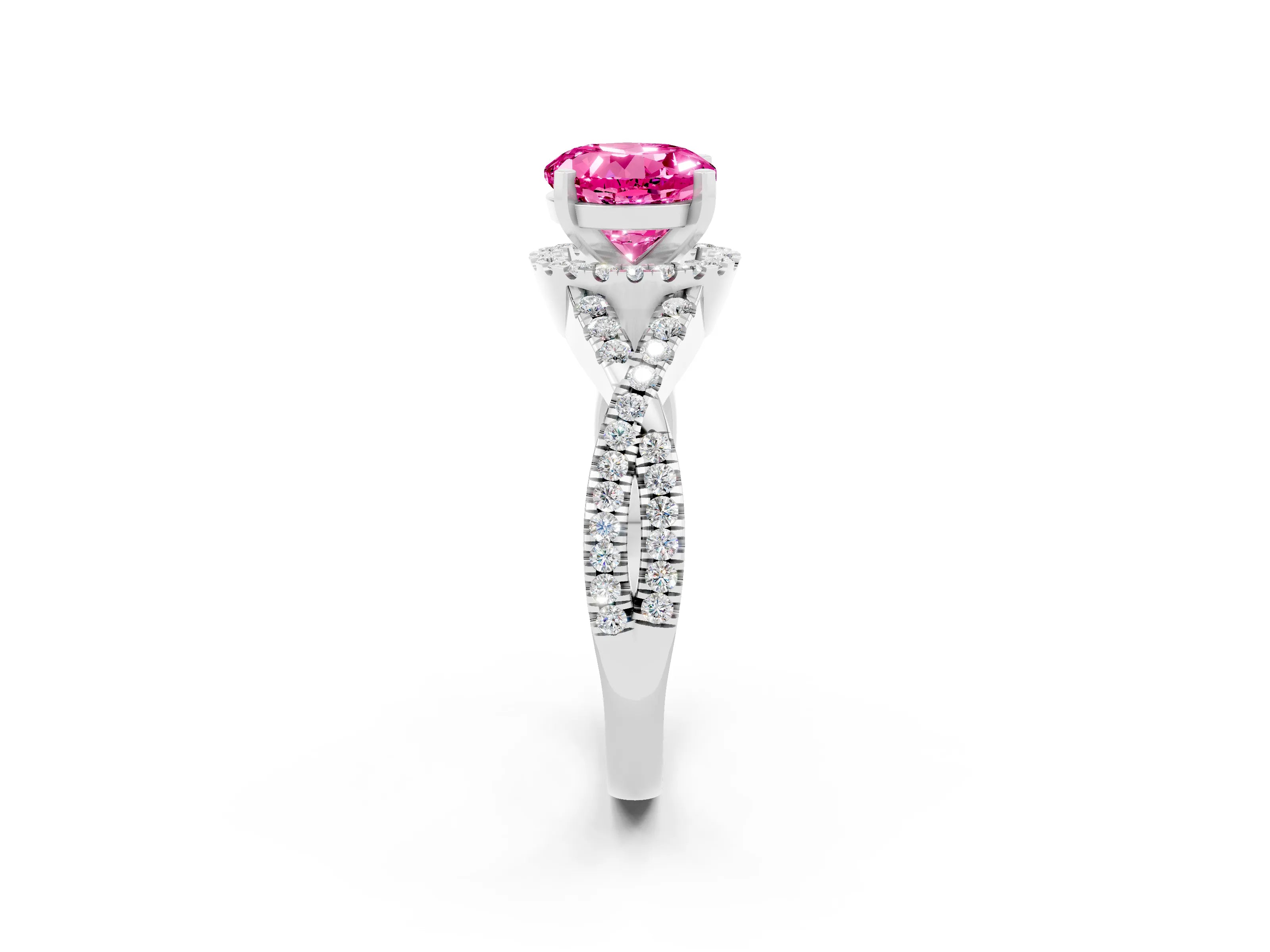 White gold Round Cut Pink Sapphire Halo Twist Band Solitaire Prong Setting Ring_26