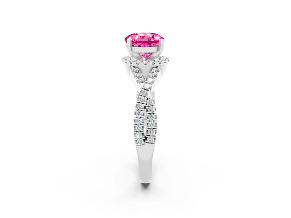 Silver Round Cut Pink Sapphire  Halo Twist Band Solitaire Prong Setting Ring