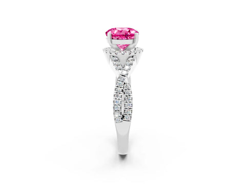 White gold Round Cut Pink Sapphire Halo Twist Band Solitaire Prong Setting Ring_26