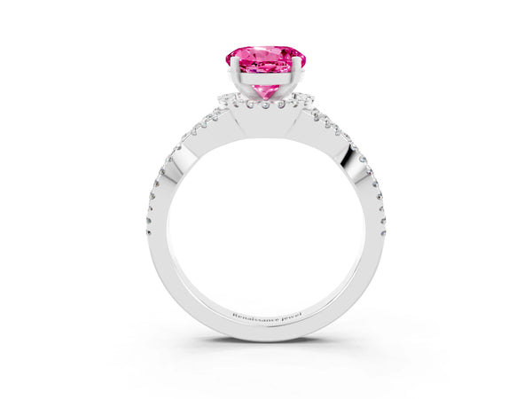 Platinum Round Cut Pink Sapphire  Halo Twist Band Solitaire Prong Setting Ring