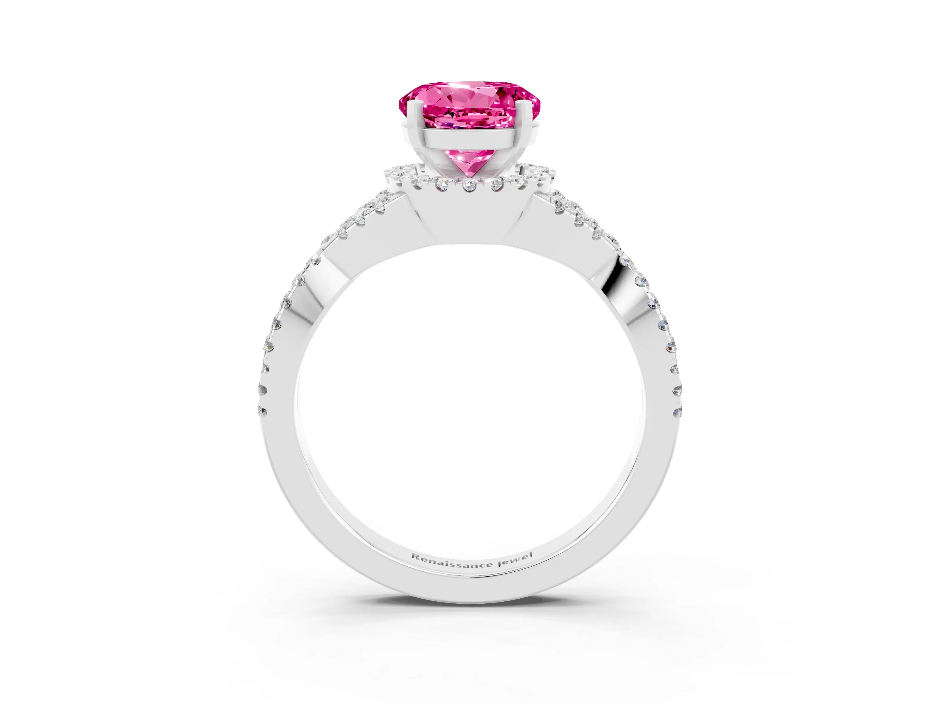 White gold Round Cut Pink Sapphire Halo Twist Band Solitaire Prong Setting Ring_27