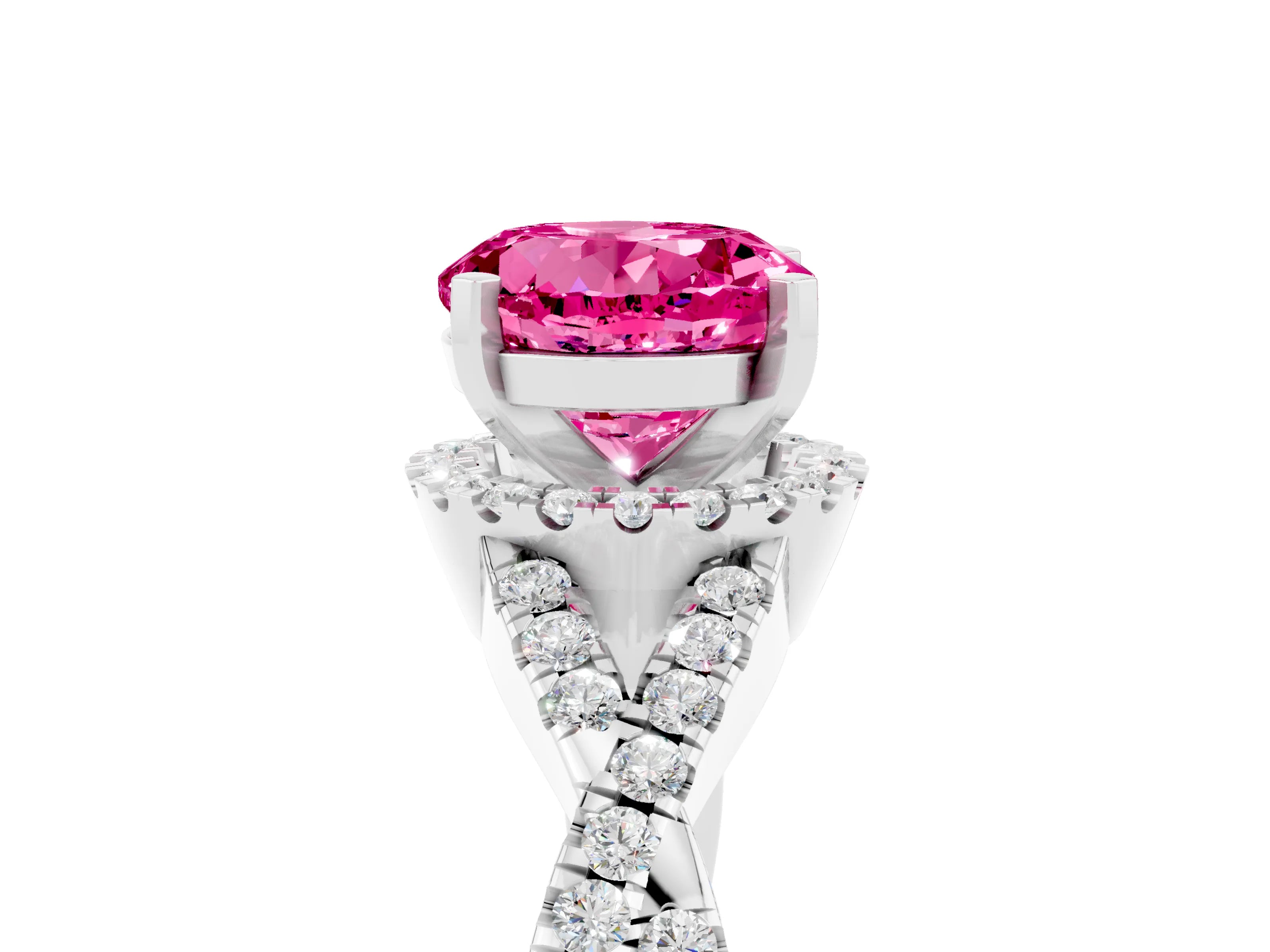 White gold Round Cut Pink Sapphire Halo Twist Band Solitaire Prong Setting Ring_29