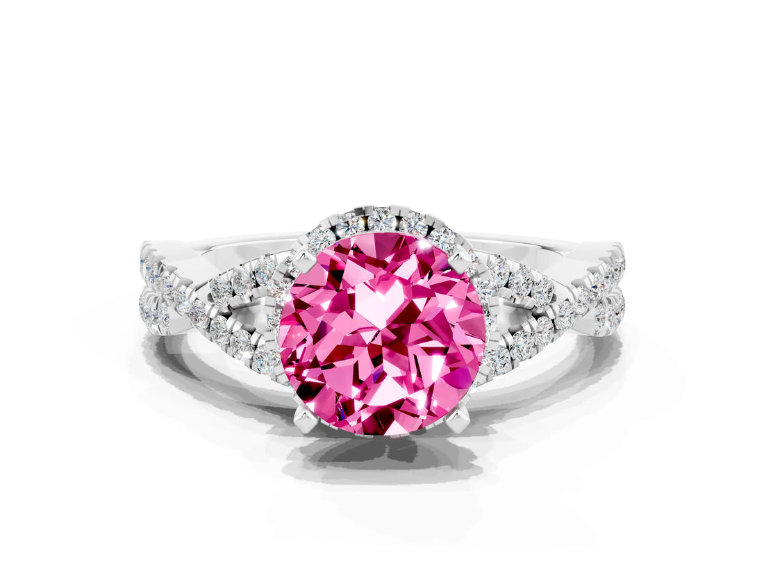 White gold Round Cut Pink Sapphire  Halo Twist Band Solitaire Prong Setting Ring_54