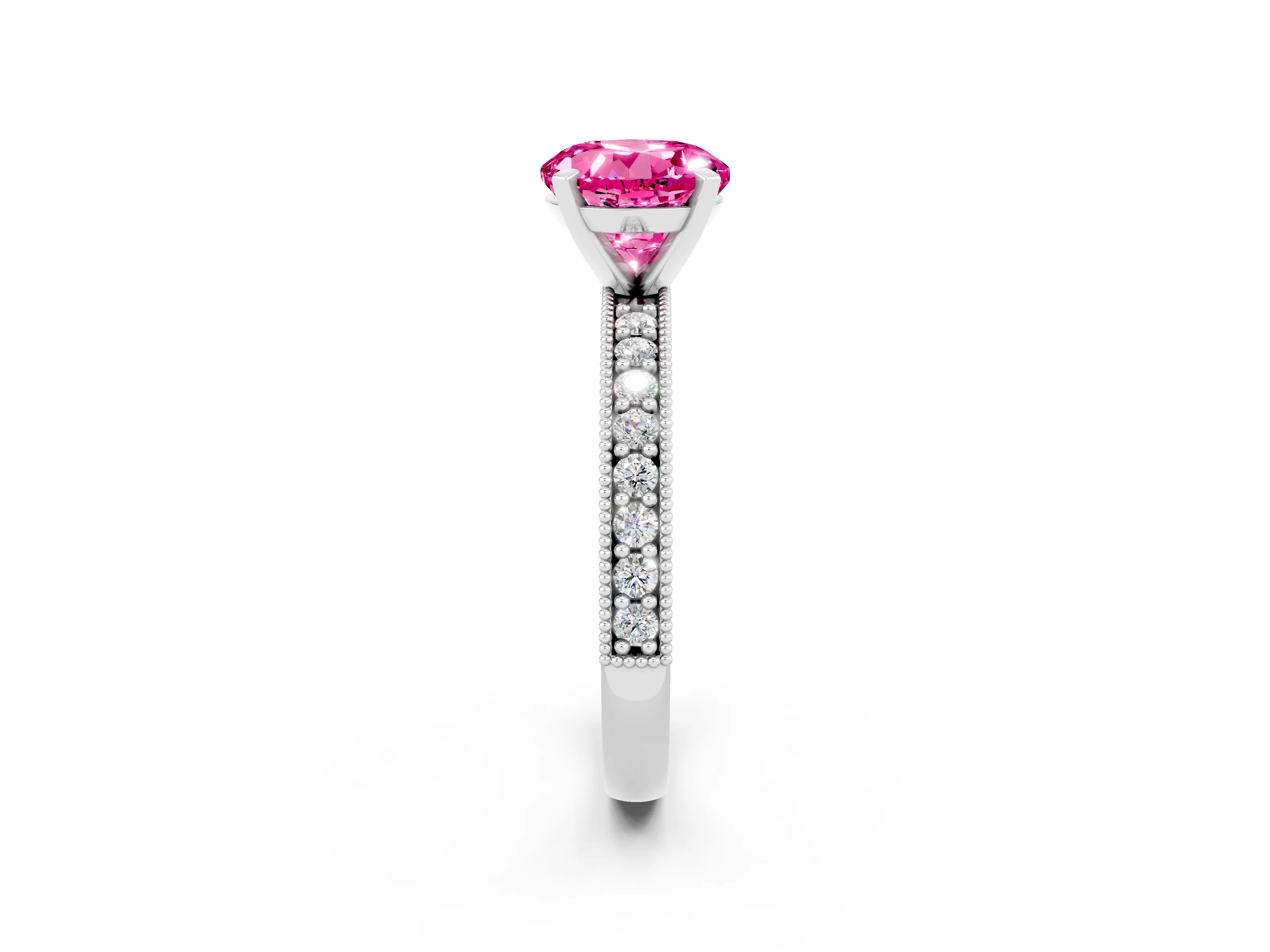White gold Round Cut Pink Sapphire Milgrain Pavé Engagement Ring with Four-Prong Setting_26