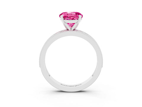 White gold Round Cut Pink Sapphire Milgrain Pavé Engagement Ring with Four-Prong Setting_27