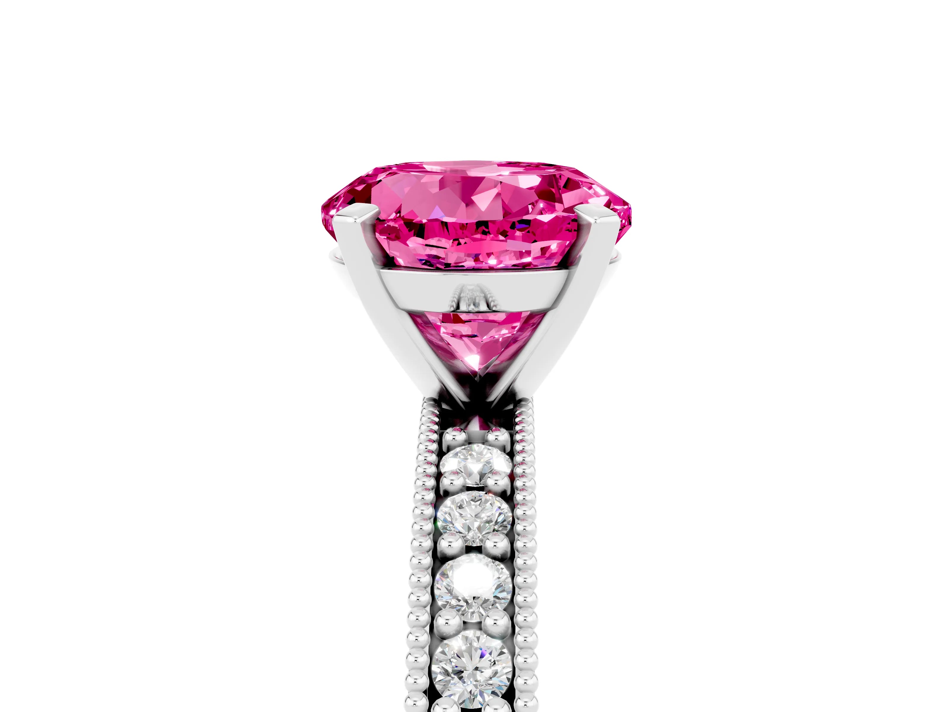 White gold Round Cut Pink Sapphire Milgrain Pavé Engagement Ring with Four-Prong Setting_29