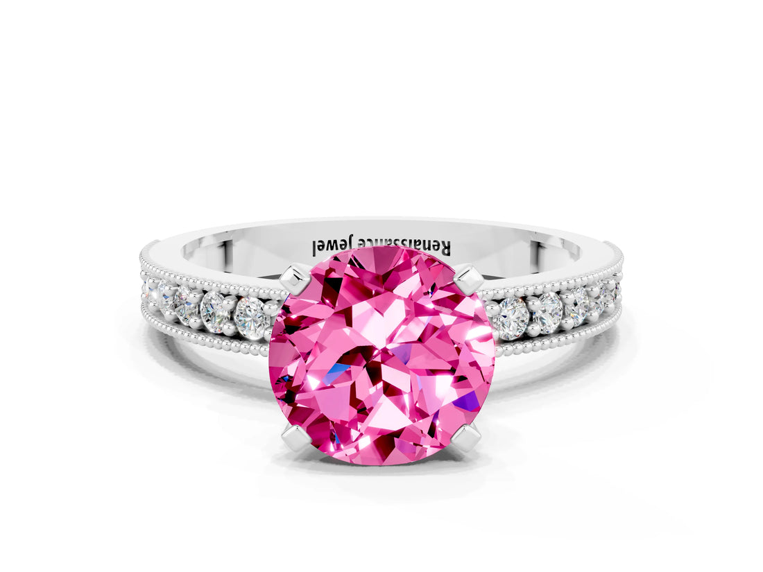 White gold Round Cut Pink Sapphire Milgrain Pavé Engagement Ring with Four-Prong Setting_30