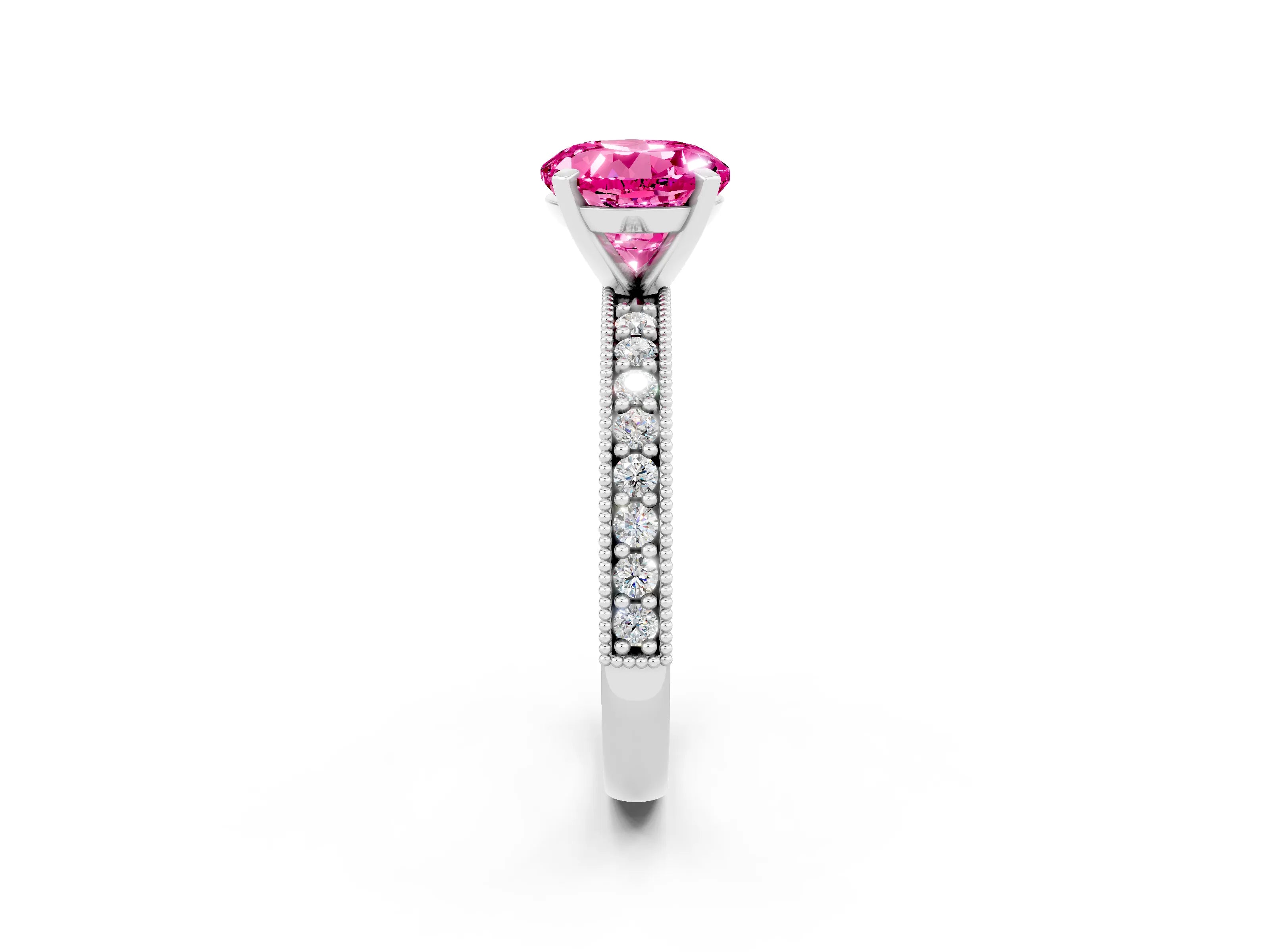 White gold Round Cut Pink Sapphire Milgrain Pavé Engagement Ring with Four-Prong Setting_32