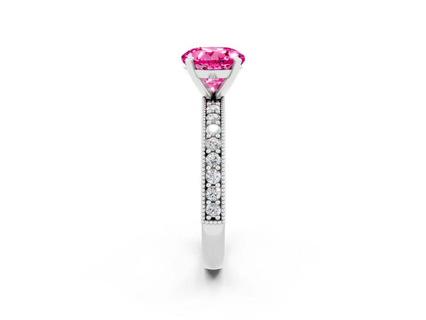 Silver Round Cut Pink Sapphire Milgrain Pavé Engagement Ring with Four-Prong Setting
