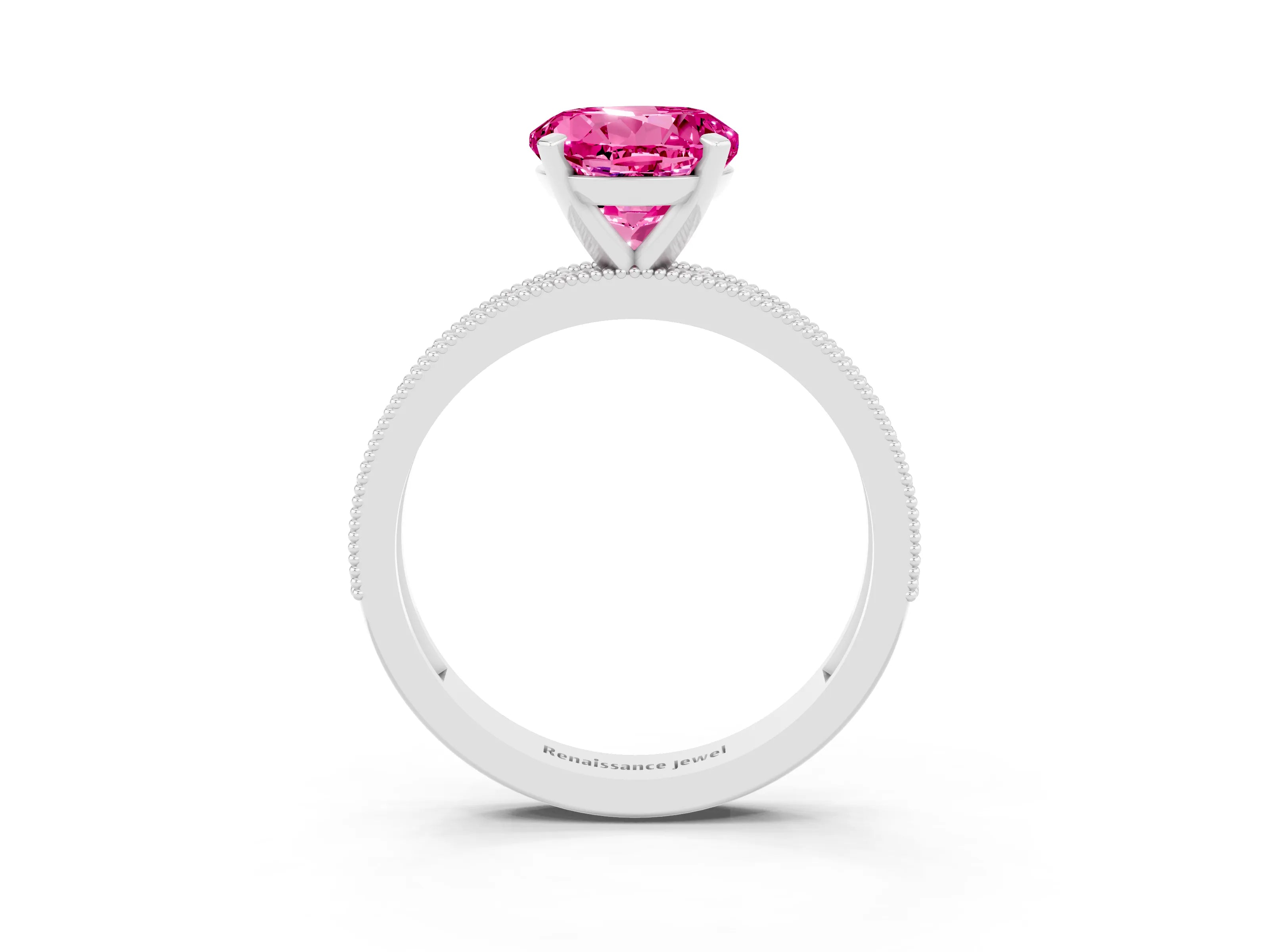 White gold Round Cut Pink Sapphire Milgrain Pavé Engagement Ring with Four-Prong Setting_33