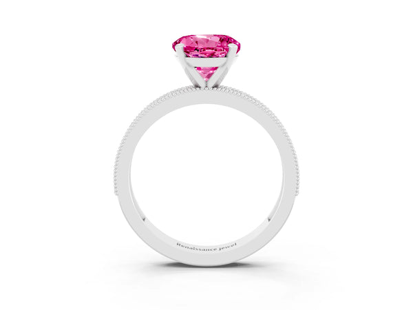 White gold Round Cut Pink Sapphire Milgrain Pavé Engagement Ring with Four-Prong Setting