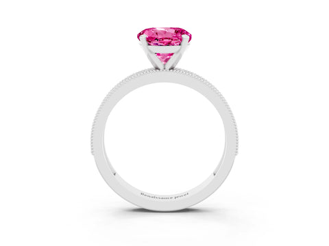 White gold Round Cut Pink Sapphire Milgrain Pavé Engagement Ring with Four-Prong Setting_33