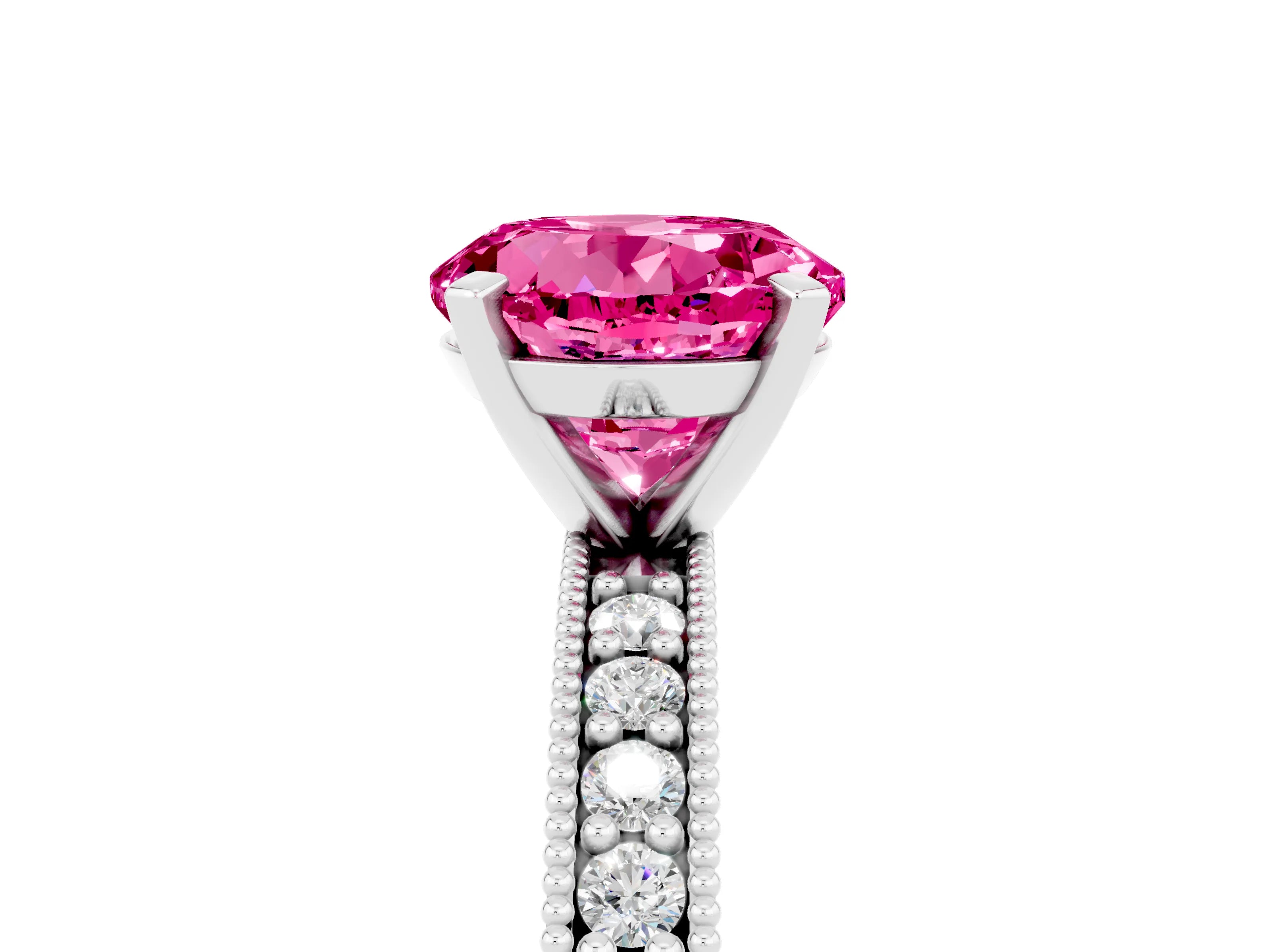 White gold Round Cut Pink Sapphire Milgrain Pavé Engagement Ring with Four-Prong Setting_40