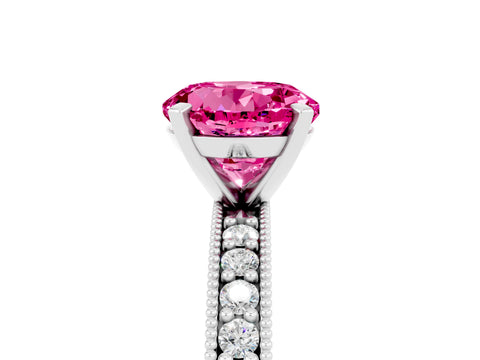 White gold Round Cut Pink Sapphire Milgrain Pavé Engagement Ring with Four-Prong Setting_40