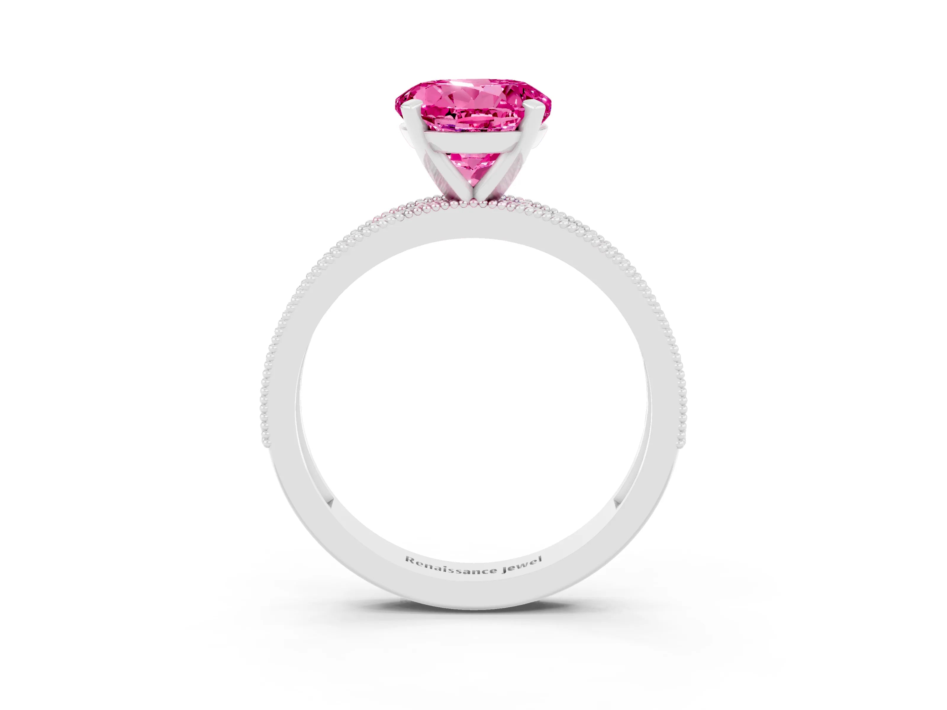 White gold Round Cut Pink Sapphire Milgrain Pavé Engagement Ring with Four-Prong Setting_50