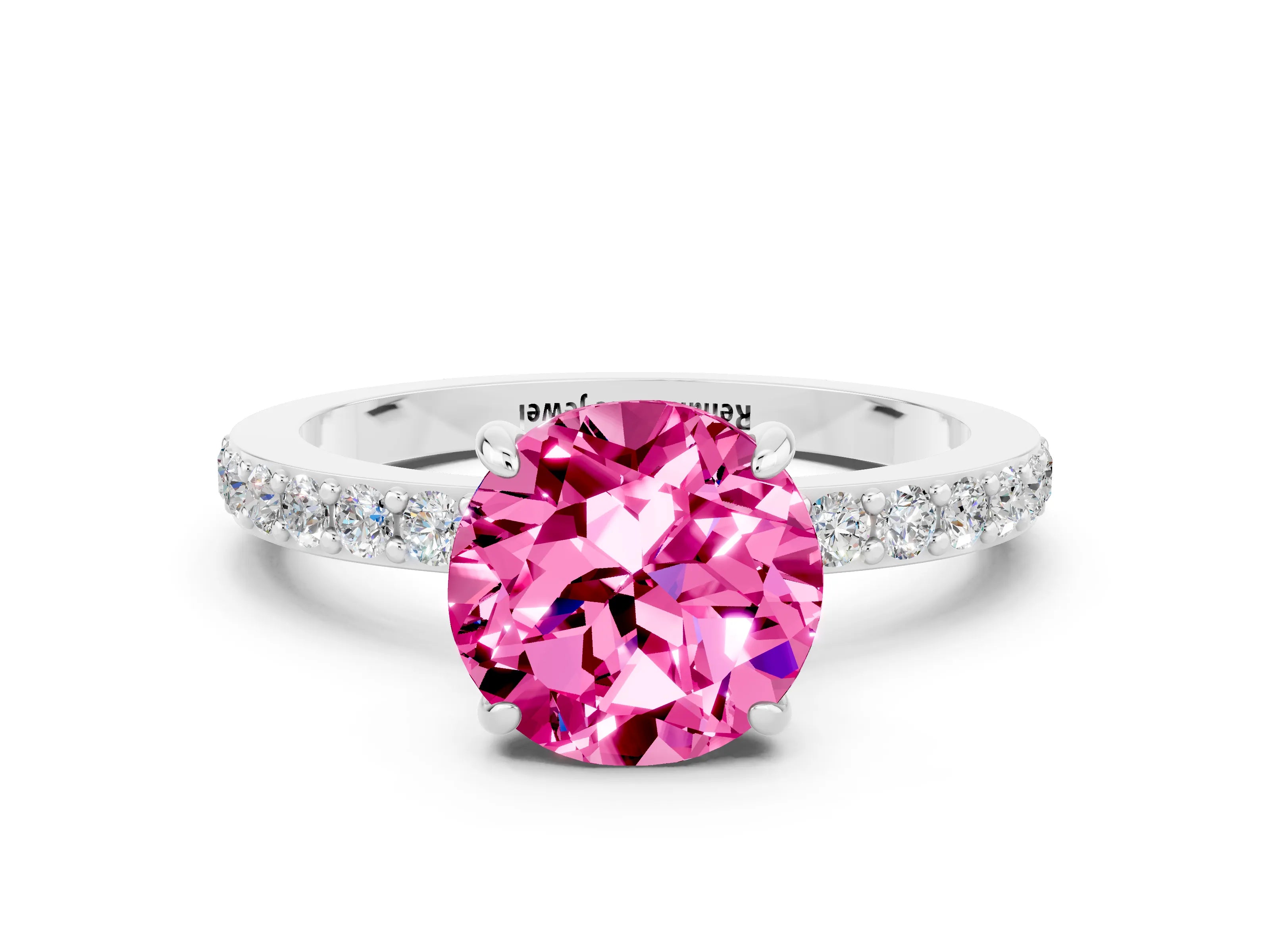White gold Round Cut Pink Sapphire Pavé Engagement Ring with Round  Accents and Prong Setting_48