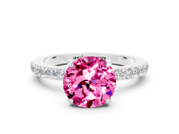Silver Round Cut Pink Sapphire Pavé Engagement Ring with Round  Accents and Prong Setting