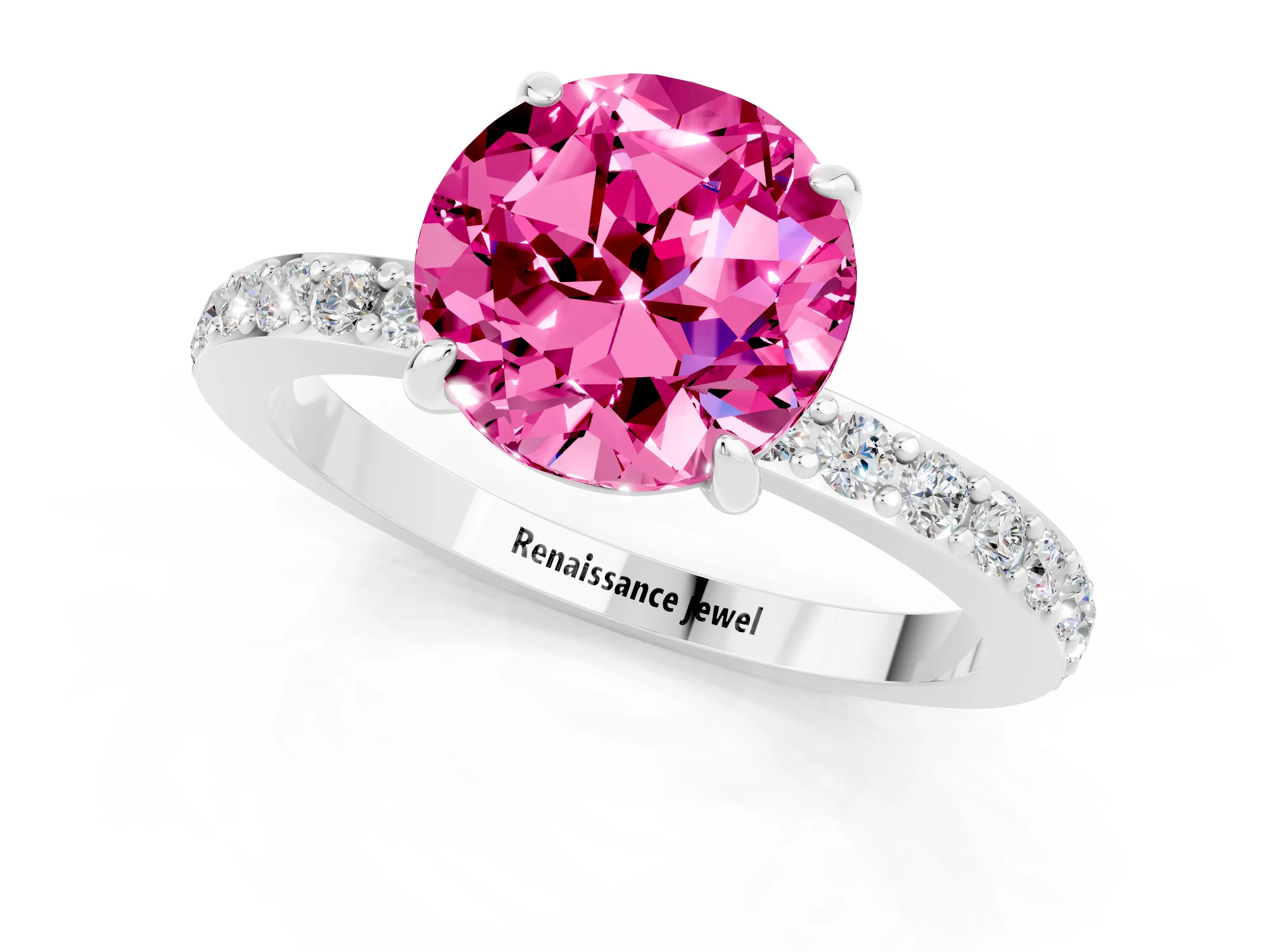 White gold Round Cut Pink Sapphire Pavé Engagement Ring with Round  Accents and Prong Setting_49