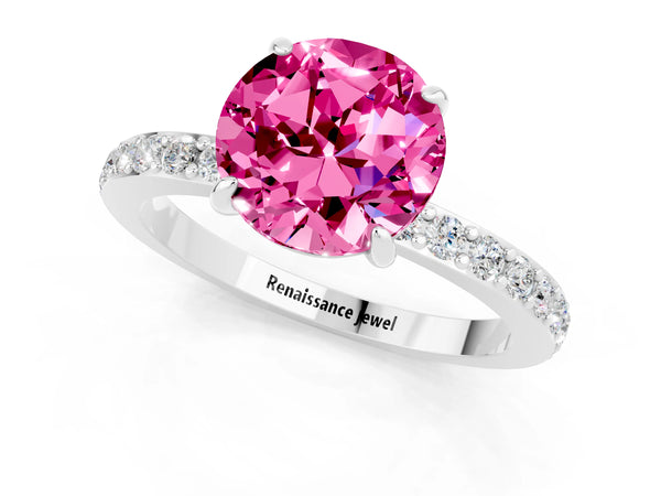 White gold Round Cut Pink Sapphire Pavé Engagement Ring with Round  Accents and Prong Setting