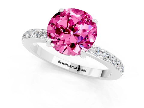 White gold Round Cut Pink Sapphire Pavé Engagement Ring with Round  Accents and Prong Setting_49