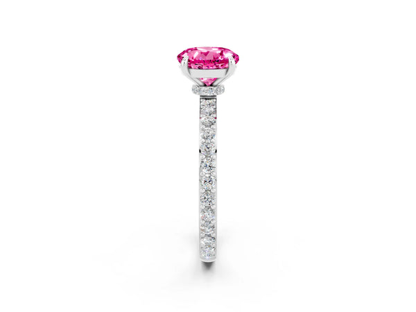 Silver Round Cut Pink Sapphire Pavé Engagement Ring with Round  Accents and Prong Setting