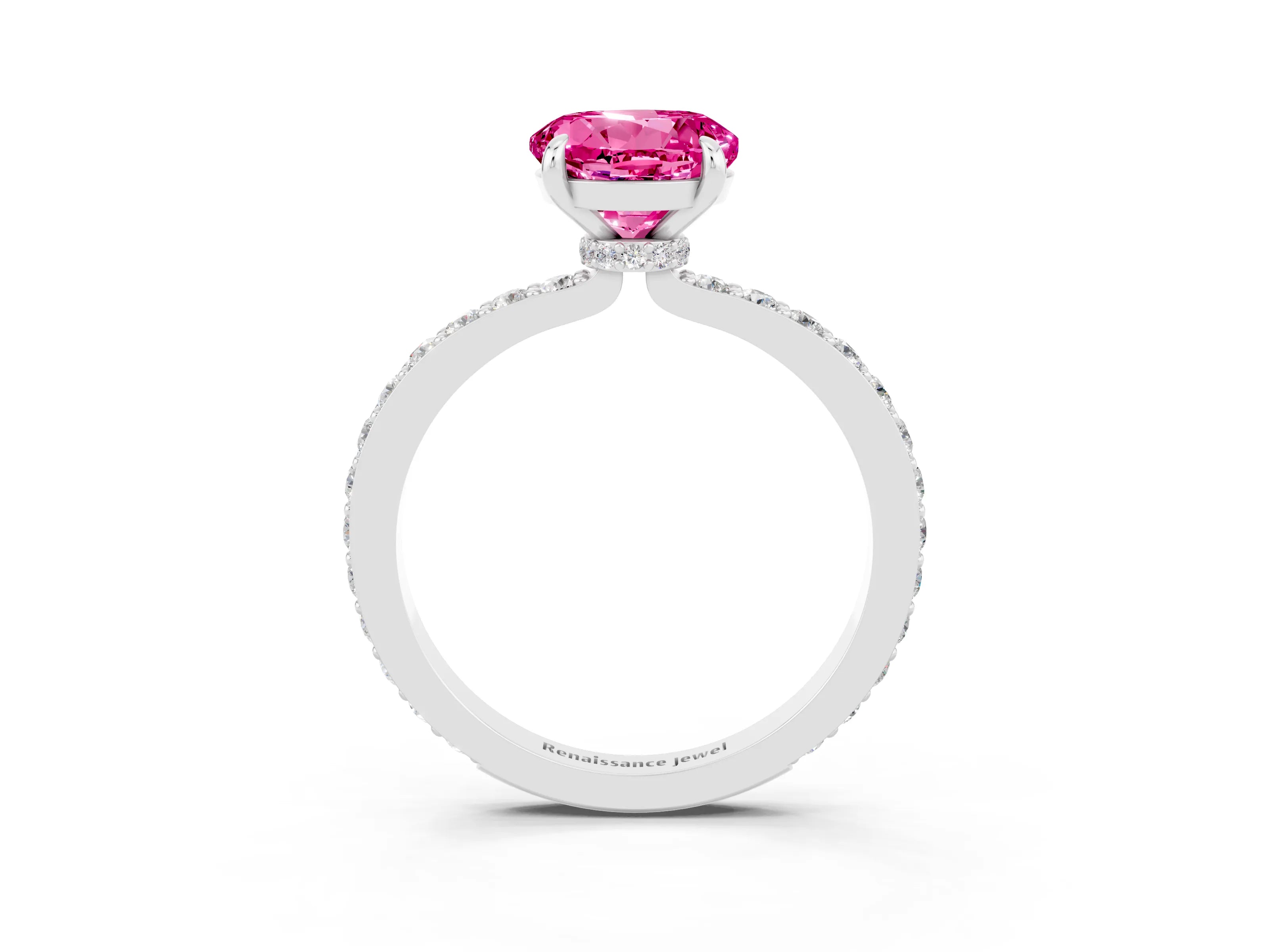 White gold Round Cut Pink Sapphire Pavé Engagement Ring with Round  Accents and Prong Setting_51