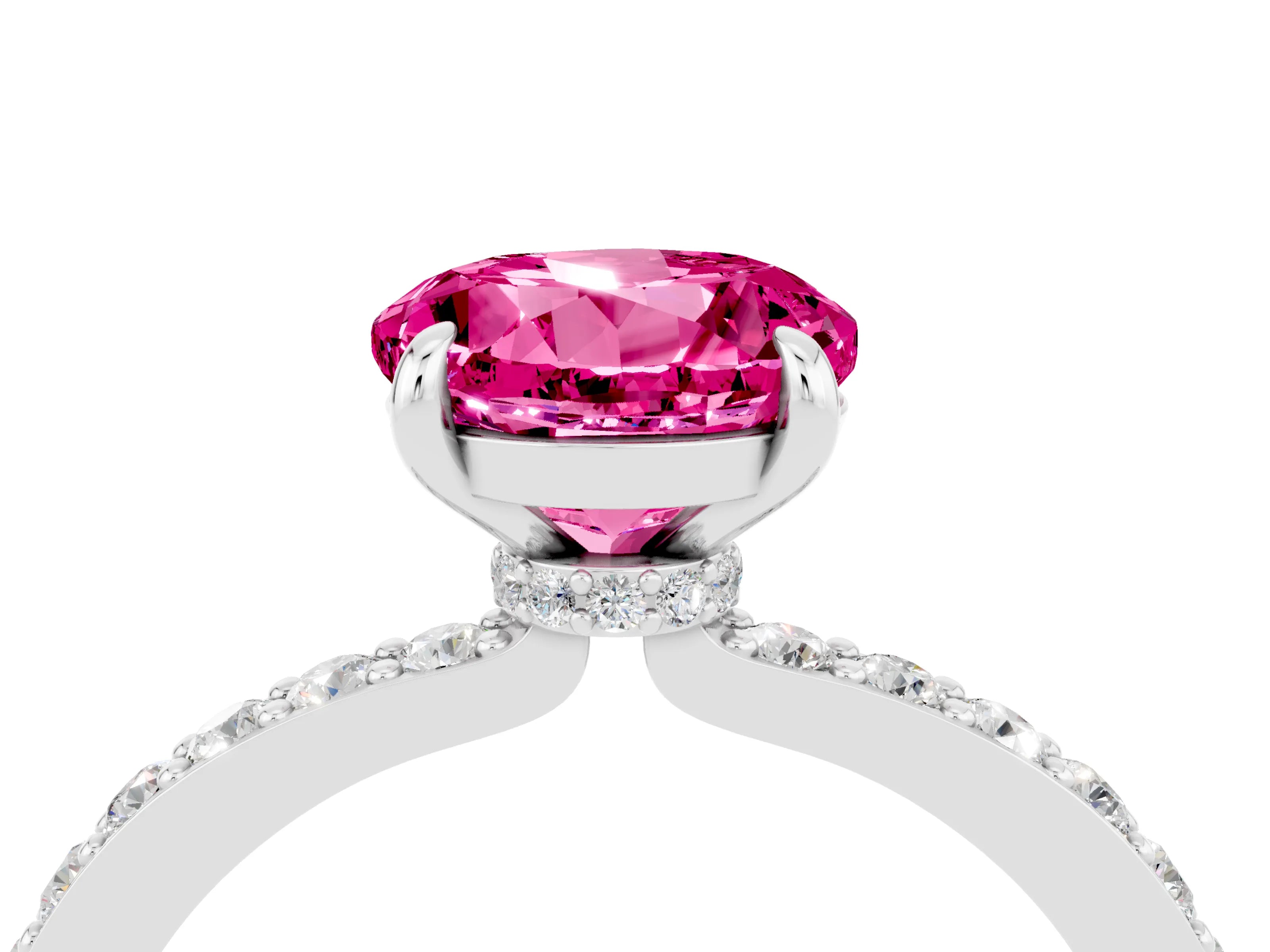 White gold Round Cut Pink Sapphire Pavé Engagement Ring with Round  Accents and Prong Setting_52