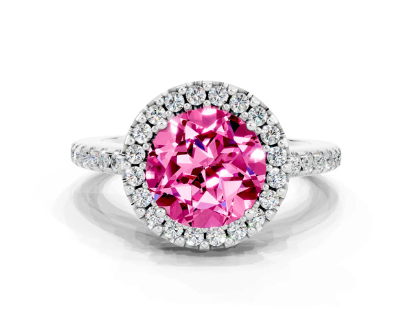 Platinum Round Cut Pink Sapphire Pavé Halo Ring with Four-Prong Setting