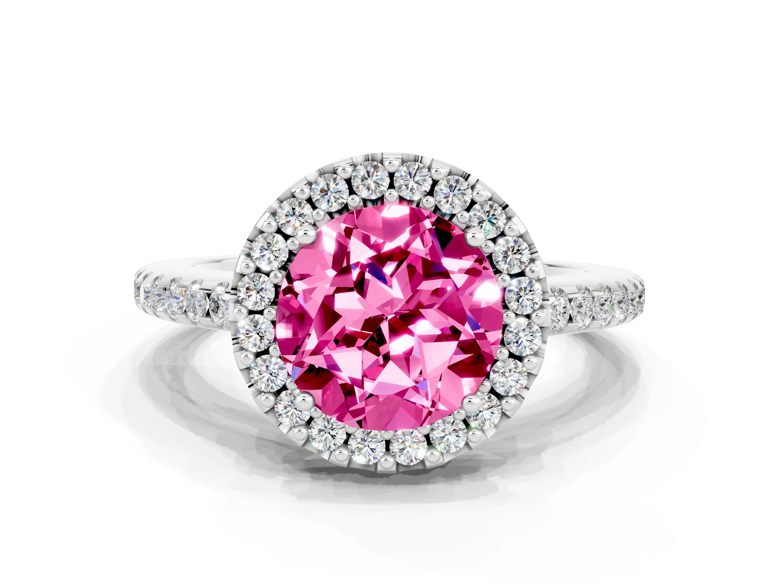 White gold Round Cut Pink Sapphire Pavé Halo Ring with Four-Prong Setting_12