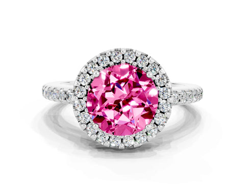 White gold Round Cut Pink Sapphire Pavé Halo Ring with Four-Prong Setting_12