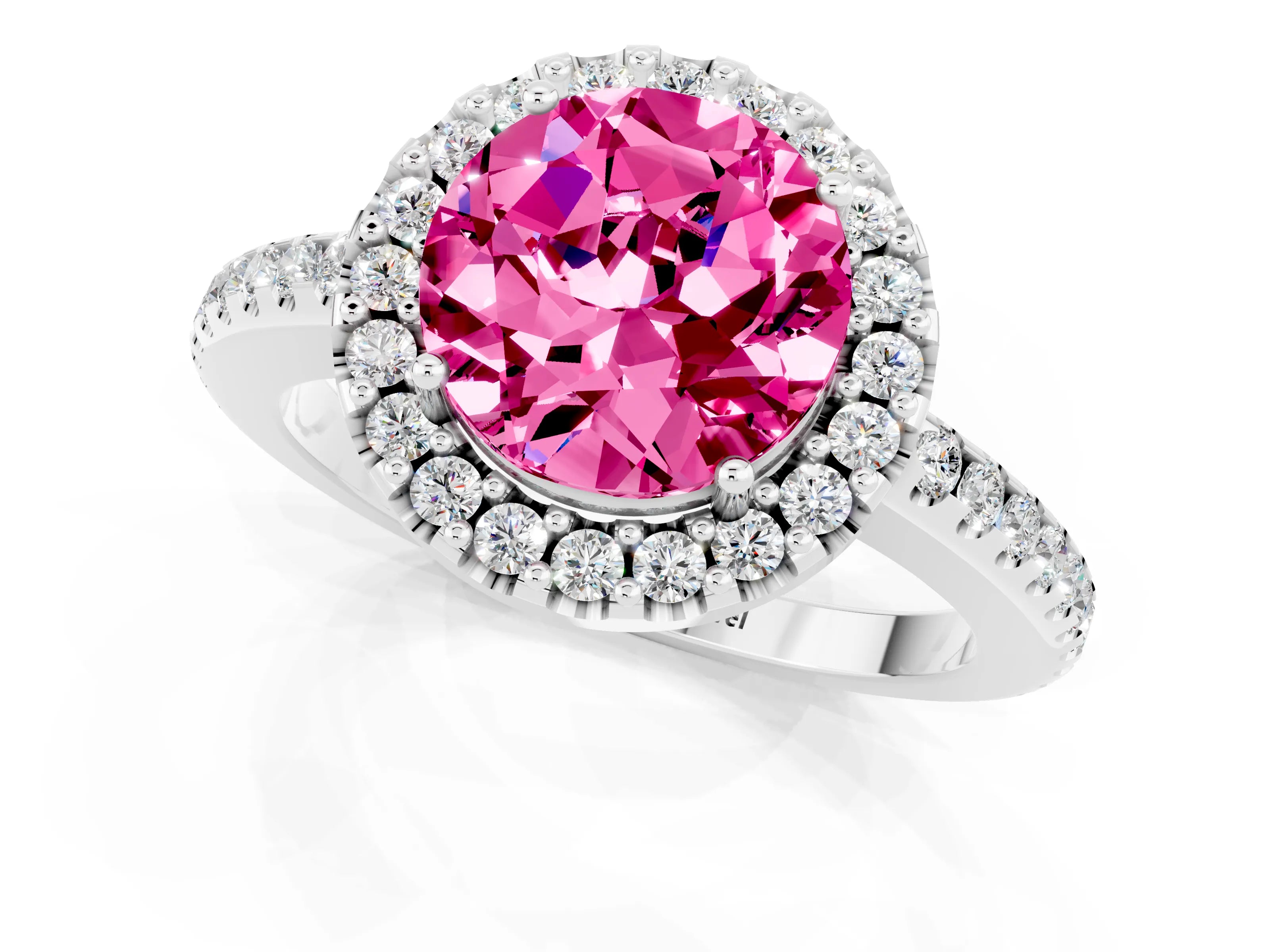 White gold Round Cut Pink Sapphire Pavé Halo Ring with Four-Prong Setting_13